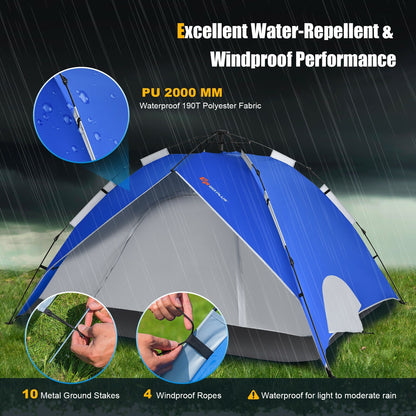 2-in-1 4 Person Instant Pop-up Waterproof Camping Tent-Blue