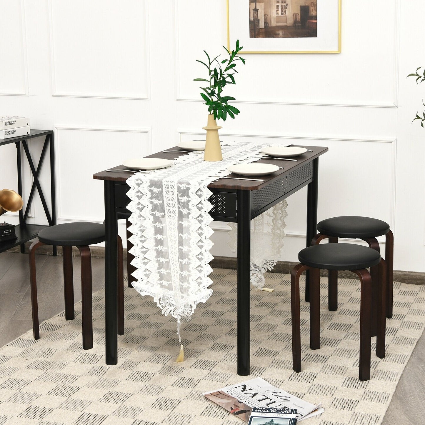 Set of 4 Bentwood Round Stool Stackable Dining Chairs with Padded Seat-Beige