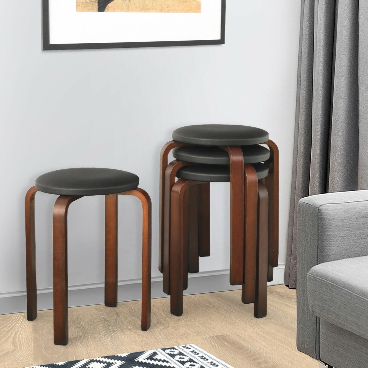 Set of 4 Bentwood Round Stool Stackable Dining Chairs with Padded Seat-Beige