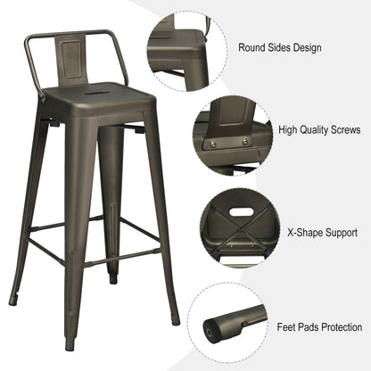 30 Inch Set of 4 Metal Counter Height Barstools with Low Back and Rubber Feet-Gun