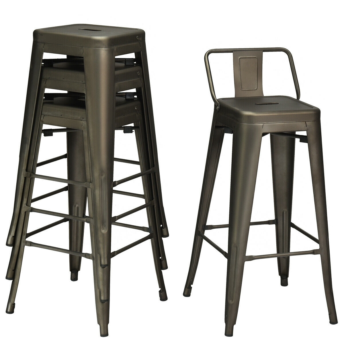 30 Inch Set of 4 Metal Counter Height Barstools with Low Back and Rubber Feet-Gun