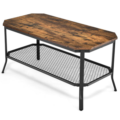 2-Tier Industrial Coffee Table Central Table with Metal Mesh Shelf for Living Room-Rustic Brown
