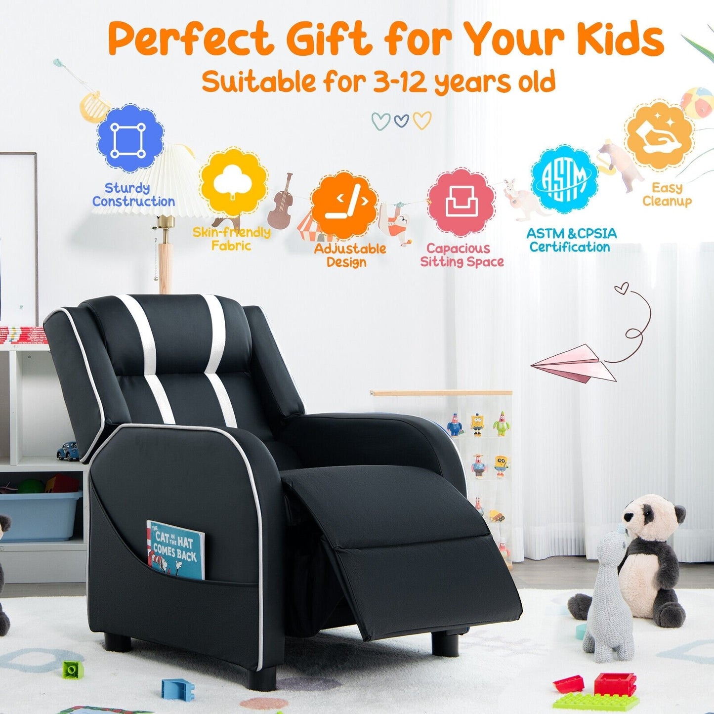 Kids Recliner Chair with Side Pockets and Footrest-Blue