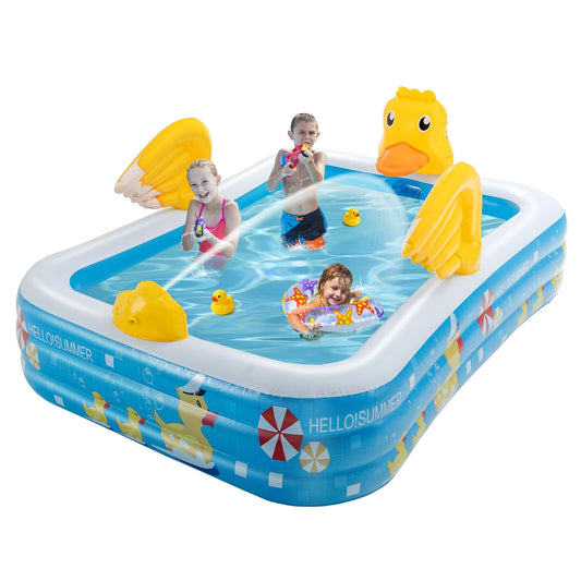 Inflatable Swimming Pool Duck Themed Kiddie Pool with Sprinkler for Age Over 3-Blue
