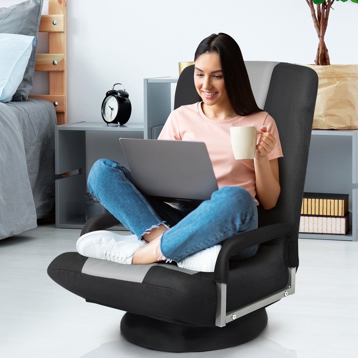 360-Degree Swivel Gaming Floor Chair with Foldable Adjustable Backrest-Blue