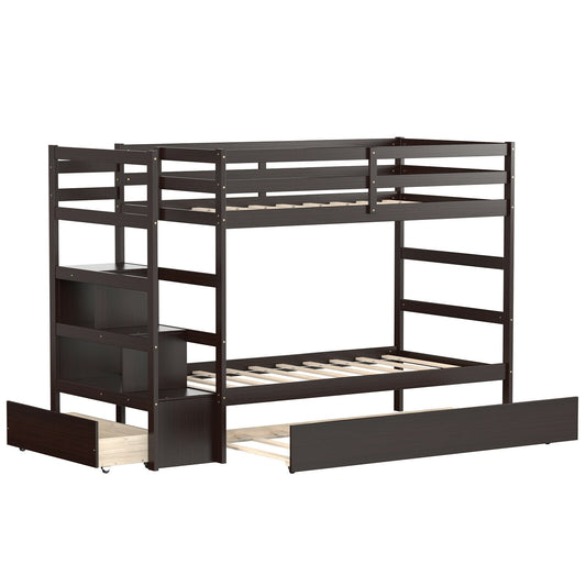 Twin Over Twin Bunk Bed with Storage Shelf and Drawer-Espresso