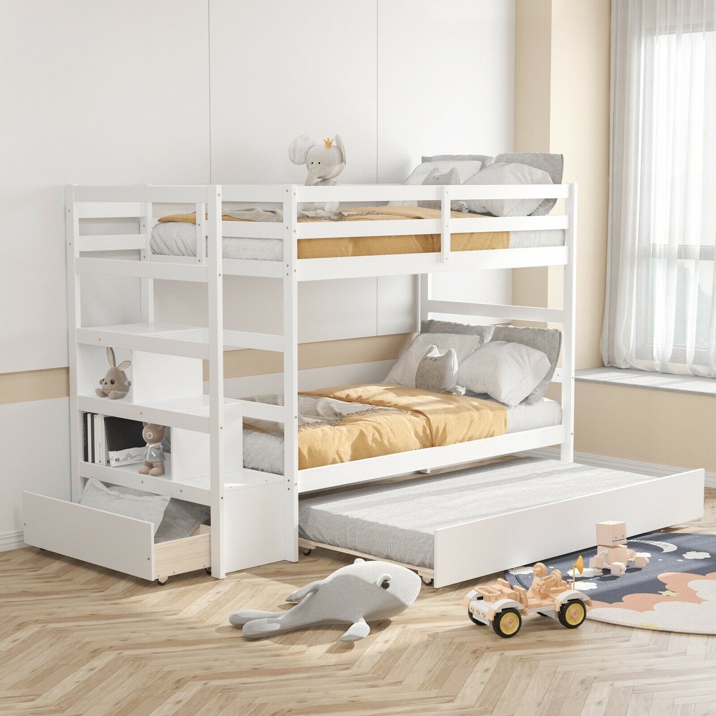 Twin Over Twin Bunk Bed with Storage Shelf and Drawer-Espresso