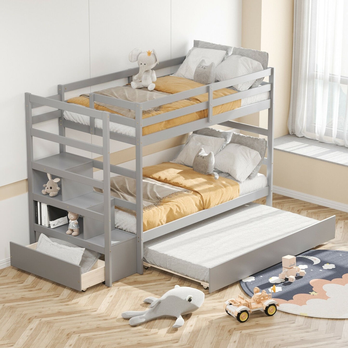 Twin Over Twin Bunk Bed with Storage Shelf and Drawer-Espresso