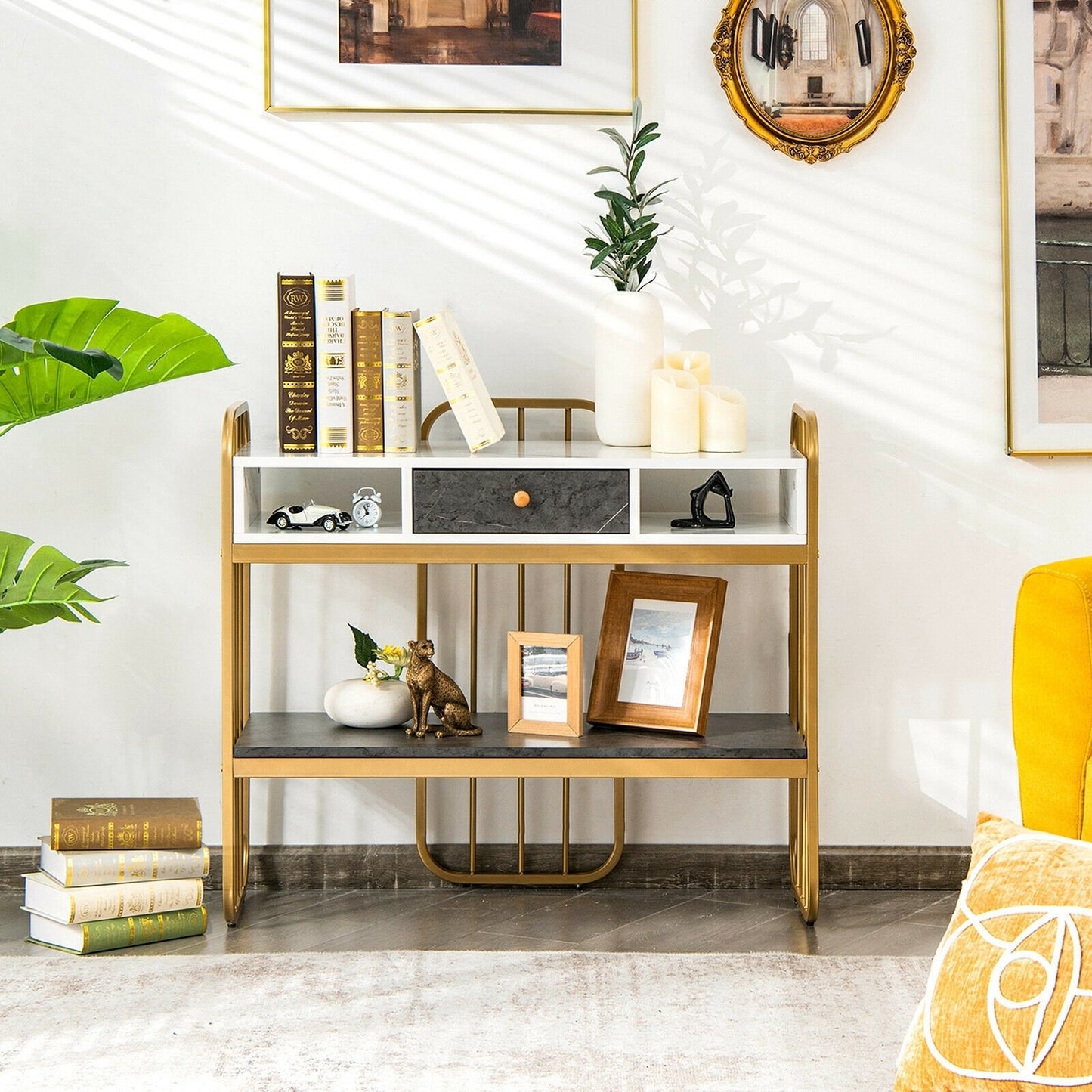 Console Table with Drawer Storage Shelf Wide Tabletop-White