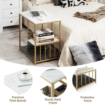 3-Tier Multi-function Marble End Table with Storage Shelf-Golden