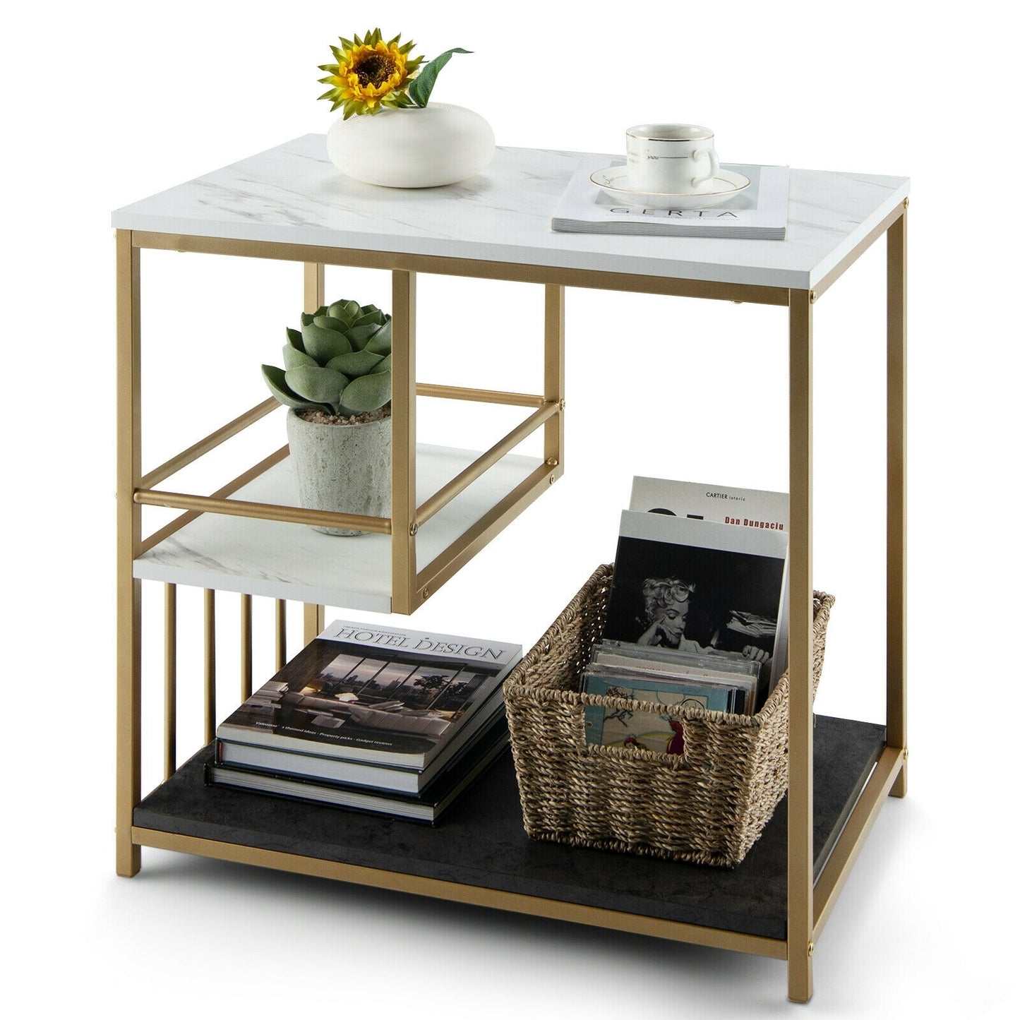 3-Tier Multi-function Marble End Table with Storage Shelf-Golden