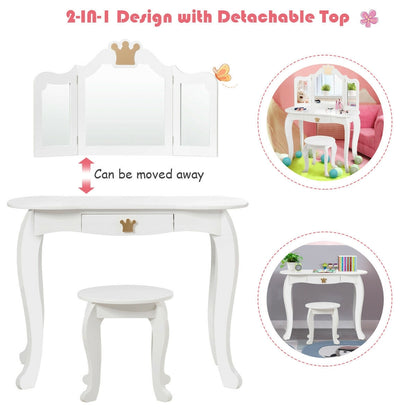 Kids Makeup Dressing Table with Tri-folding Mirror and Stool-White