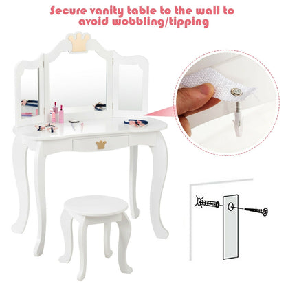 Kids Makeup Dressing Table with Tri-folding Mirror and Stool-White