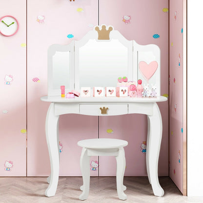 Kids Makeup Dressing Table with Tri-folding Mirror and Stool-White