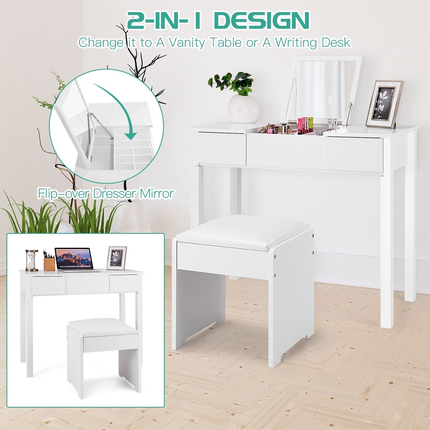 Vanity Makeup Dressing Table Set with Flip Top Mirror and Cushioned Stool-Black