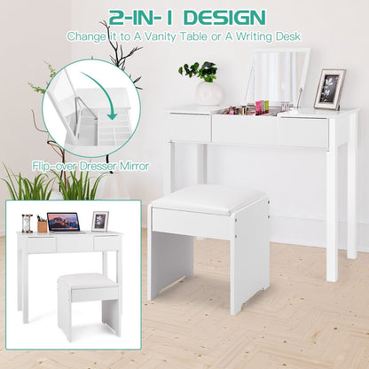 Vanity Makeup Dressing Table Set with Flip Top Mirror and Cushioned Stool-Black