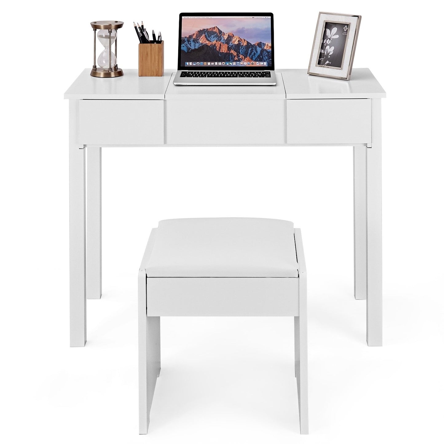 Vanity Makeup Dressing Table Set with Flip Top Mirror and Cushioned Stool-Black