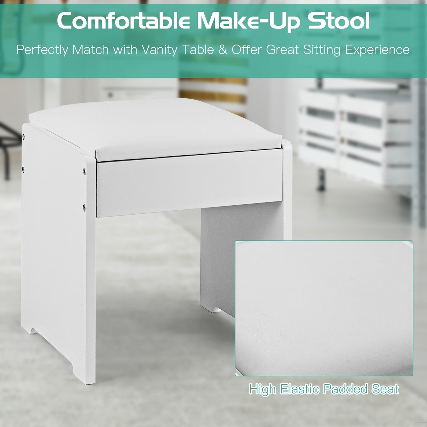 Vanity Makeup Dressing Table Set with Flip Top Mirror and Cushioned Stool-White