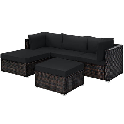 5 Pieces Patio Sectional Rattan Furniture Set with Ottoman Table-Black