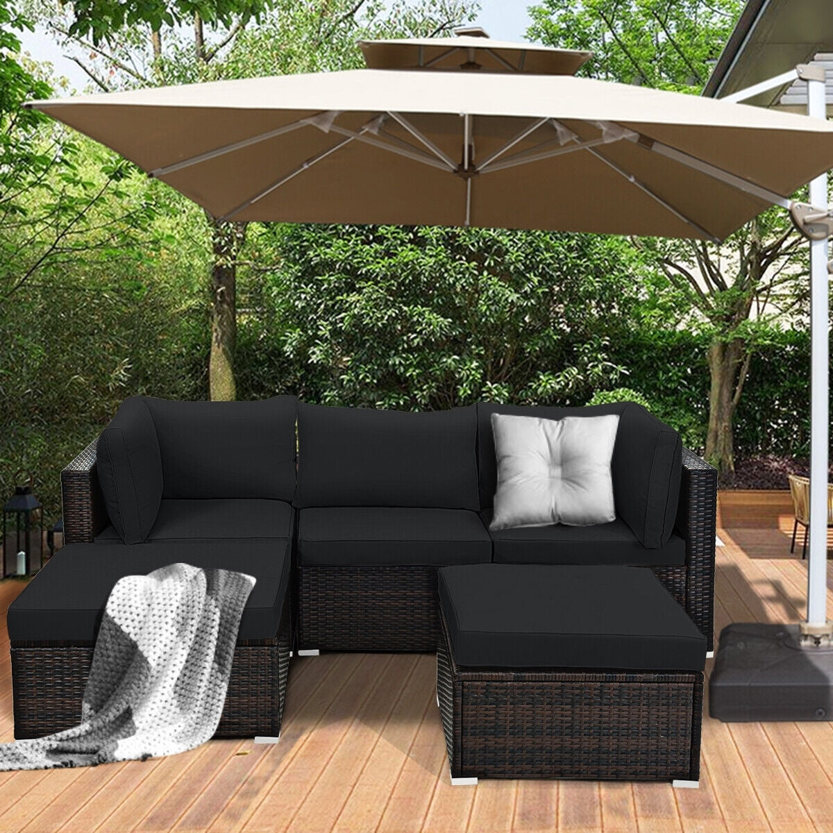 5 Pieces Patio Sectional Rattan Furniture Set with Ottoman Table-Black