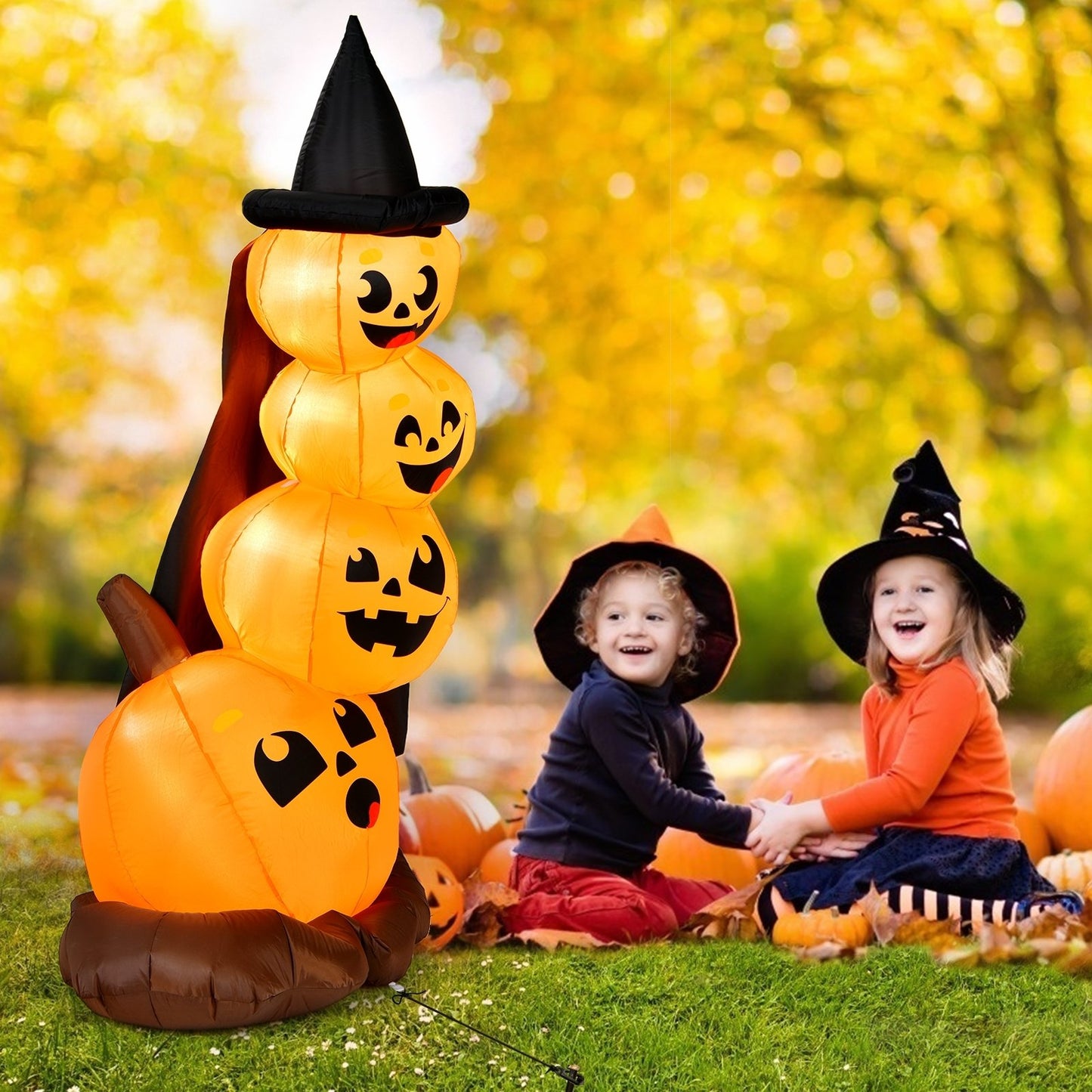 7-foot Halloween inflatable pumpkin with witch's hat and LED lights, festive outdoor holiday decor by Wilsons Home Store
