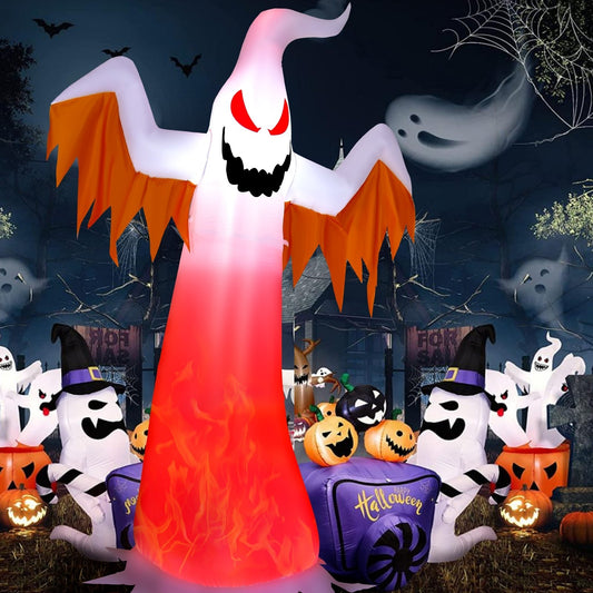 8-foot Halloween inflatable ghost with rotating flame LED lights, holiday decor by Wilsons Home Store, outdoor Halloween decoration
