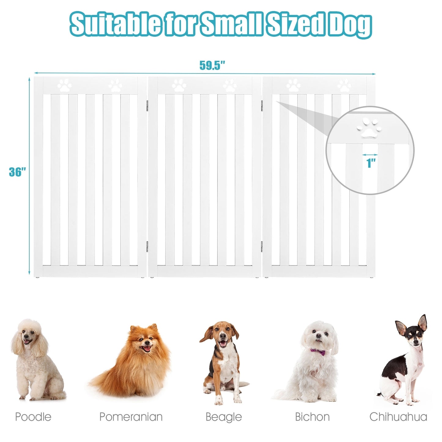 36 Inch Folding Wooden Freestanding Pet Gate Dog Gate with 360° Flexible Hinge-White