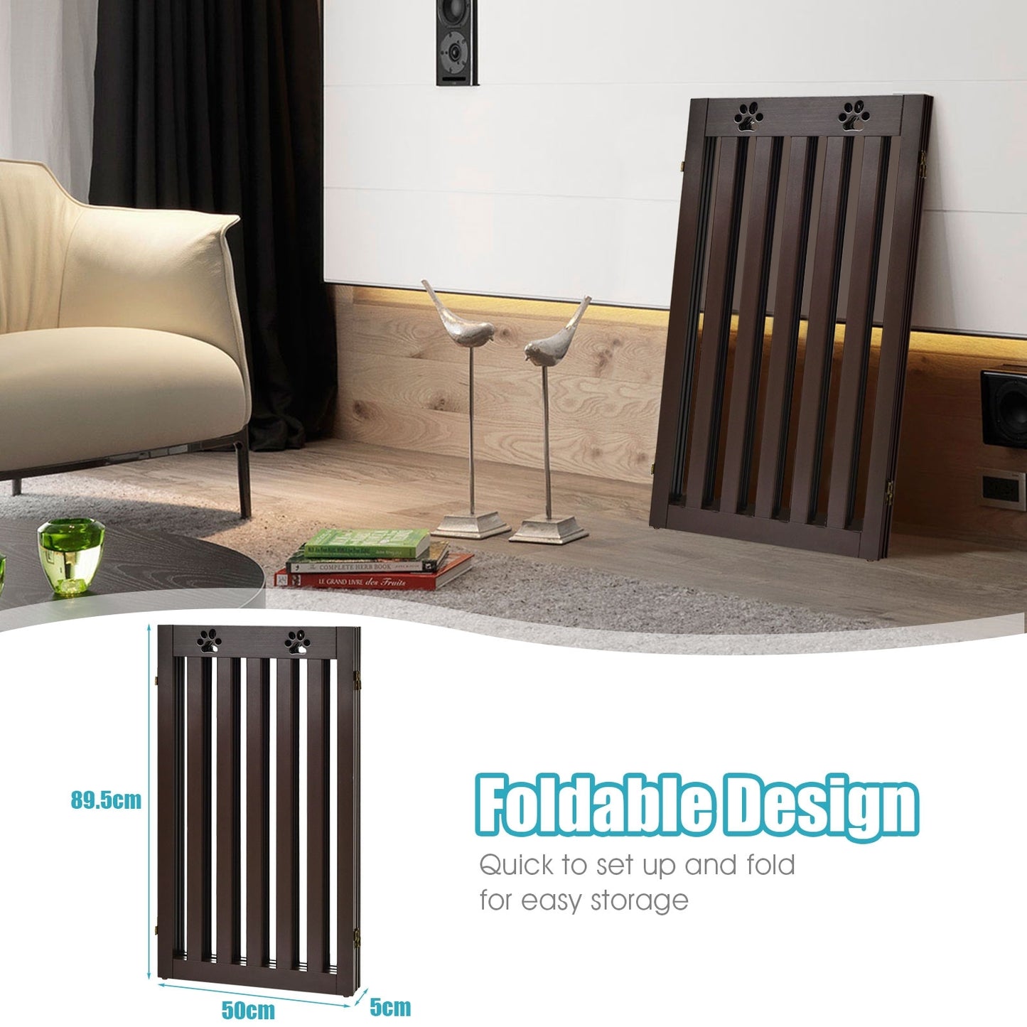 36 Inch Folding Wooden Freestanding Pet Gate Dog Gate with 360° Flexible Hinge-Dark Brown
