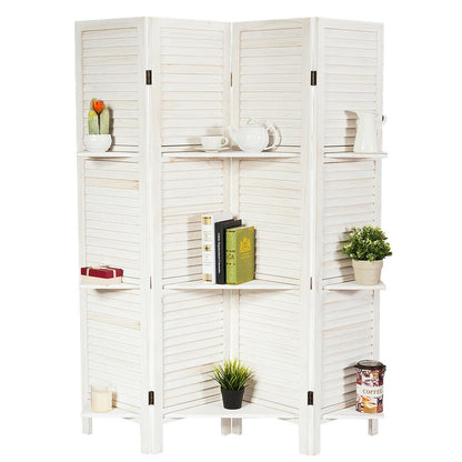 4 Panel Folding Room Divider Screen with 3 Display Shelves-White