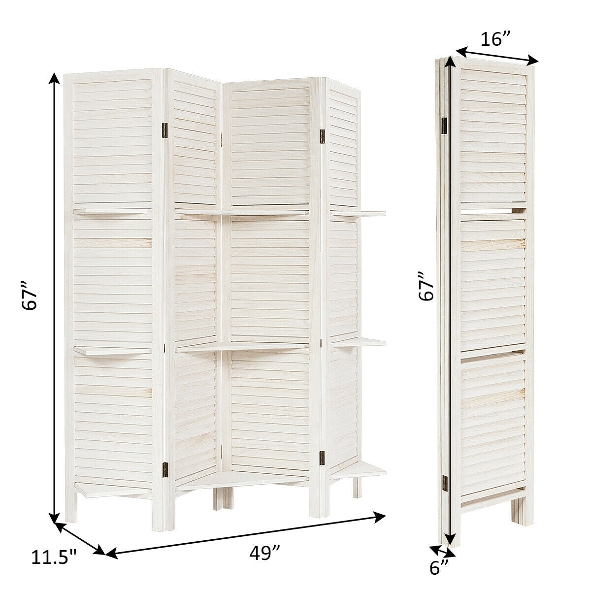 4 Panel Folding Room Divider Screen with 3 Display Shelves-White