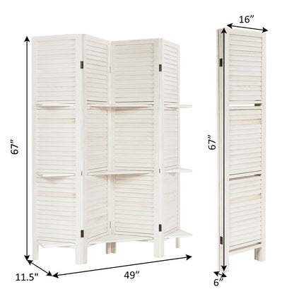 4 Panel Folding Room Divider Screen with 3 Display Shelves-White