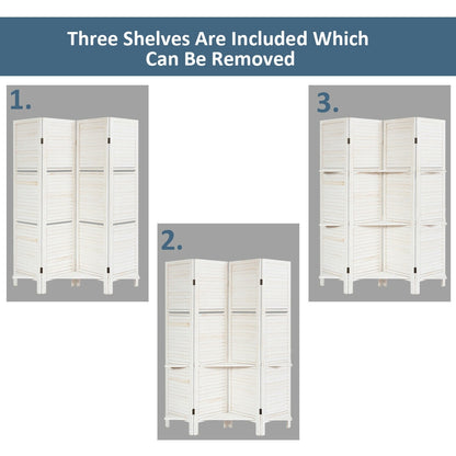 4 Panel Folding Room Divider Screen with 3 Display Shelves-White