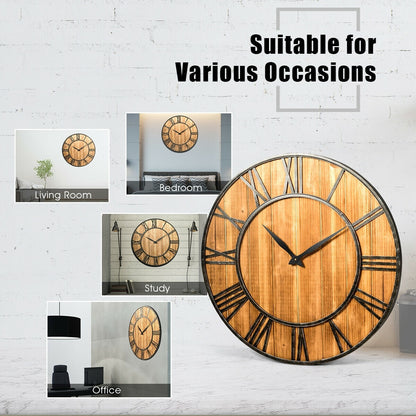 30 Inch Round Wall Clock Decorative Wooden Silent Clock with Battery-Brown