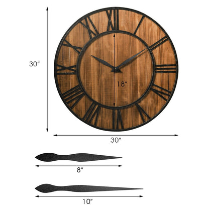 30 Inch Round Wall Clock Decorative Wooden Silent Clock with Battery-Brown