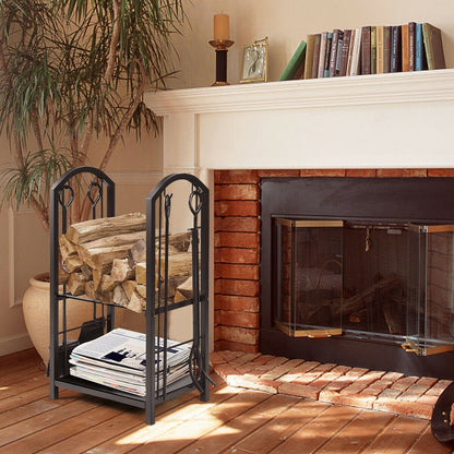 Fireplace log rack with four tools set, outdoor fireside firewood holder and storage by Wilsons Home Store.