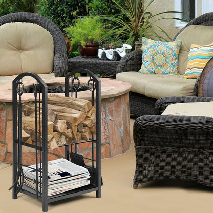 Outdoor fireplace log rack with four tools set, fireside firewood holder for outdoor heating and wood storage by Wilsons Home Store