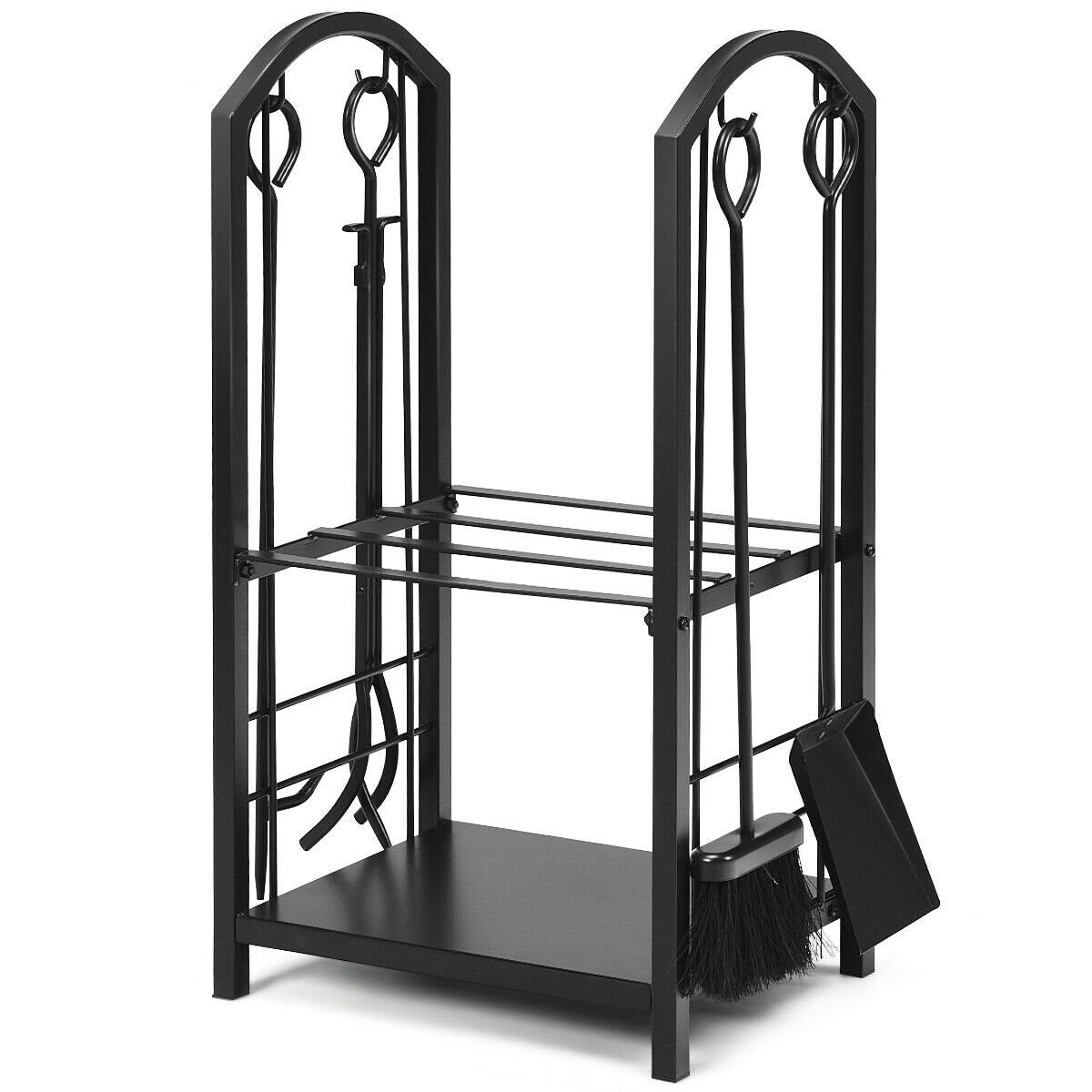Outdoor fireplace log rack with four tools set, fireside firewood holder for outdoor heating and firewood storage.