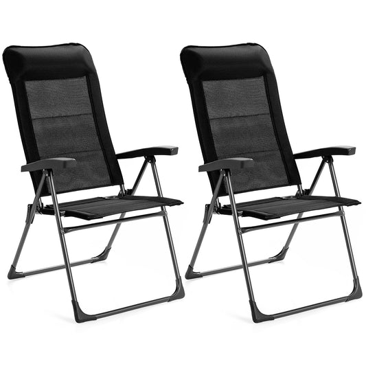 2 Pieces Portable Patio Folding Dining Chairs with Headrest Adjust for Camping -Black