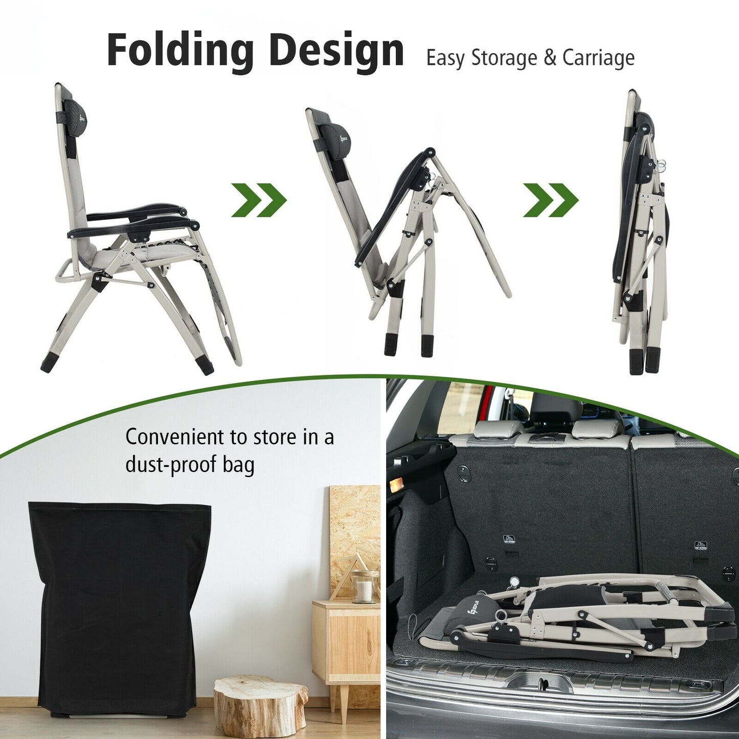 2 Pieces Padded Adjustable Folding Zero Gravity Reclining Lounge Chair-Black
