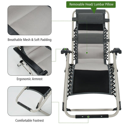 2 Pieces Padded Adjustable Folding Zero Gravity Reclining Lounge Chair-Black