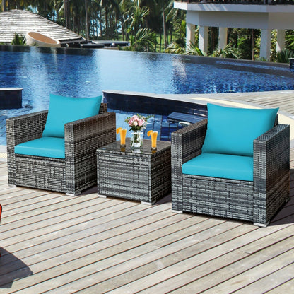 3 Pieces Patio Rattan Furniture Bistro Sofa Set with Cushioned-Gray