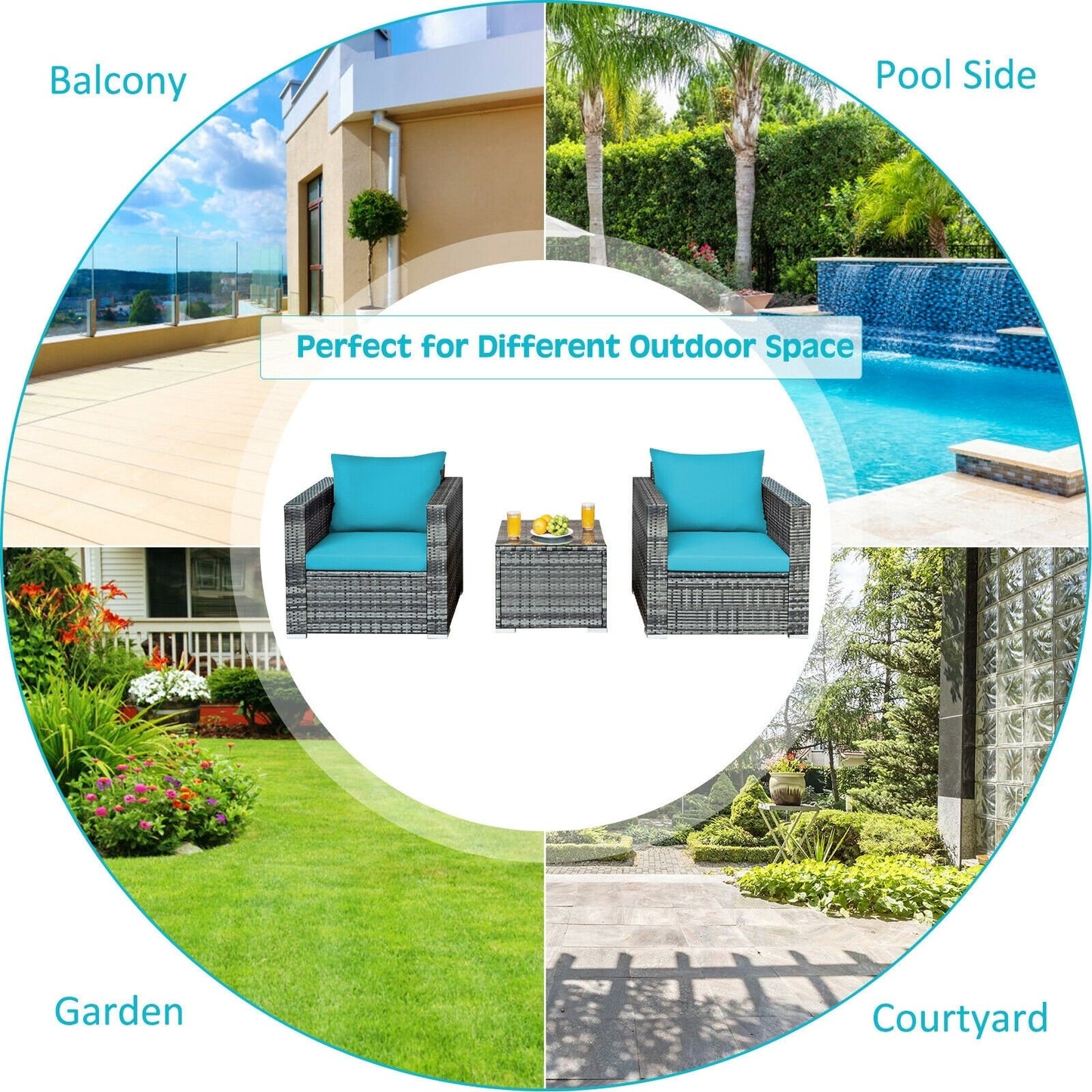 3 Pieces Patio Rattan Furniture Bistro Sofa Set with Cushioned-Gray
