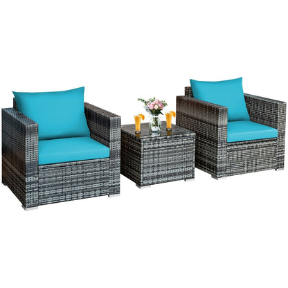 3 Pieces Patio Rattan Furniture Bistro Sofa Set with Cushioned-Gray