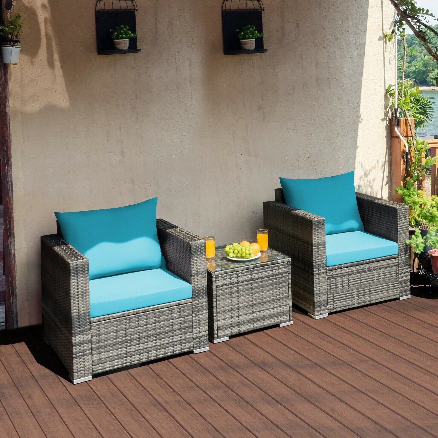 3 Pieces Patio Rattan Furniture Bistro Sofa Set with Cushioned-Gray
