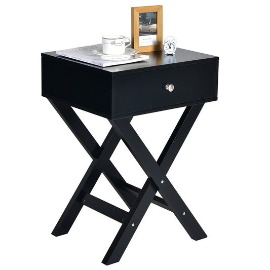 Modern X-Shaped Nightstand with Drawer for Living Room Bedroom-Black