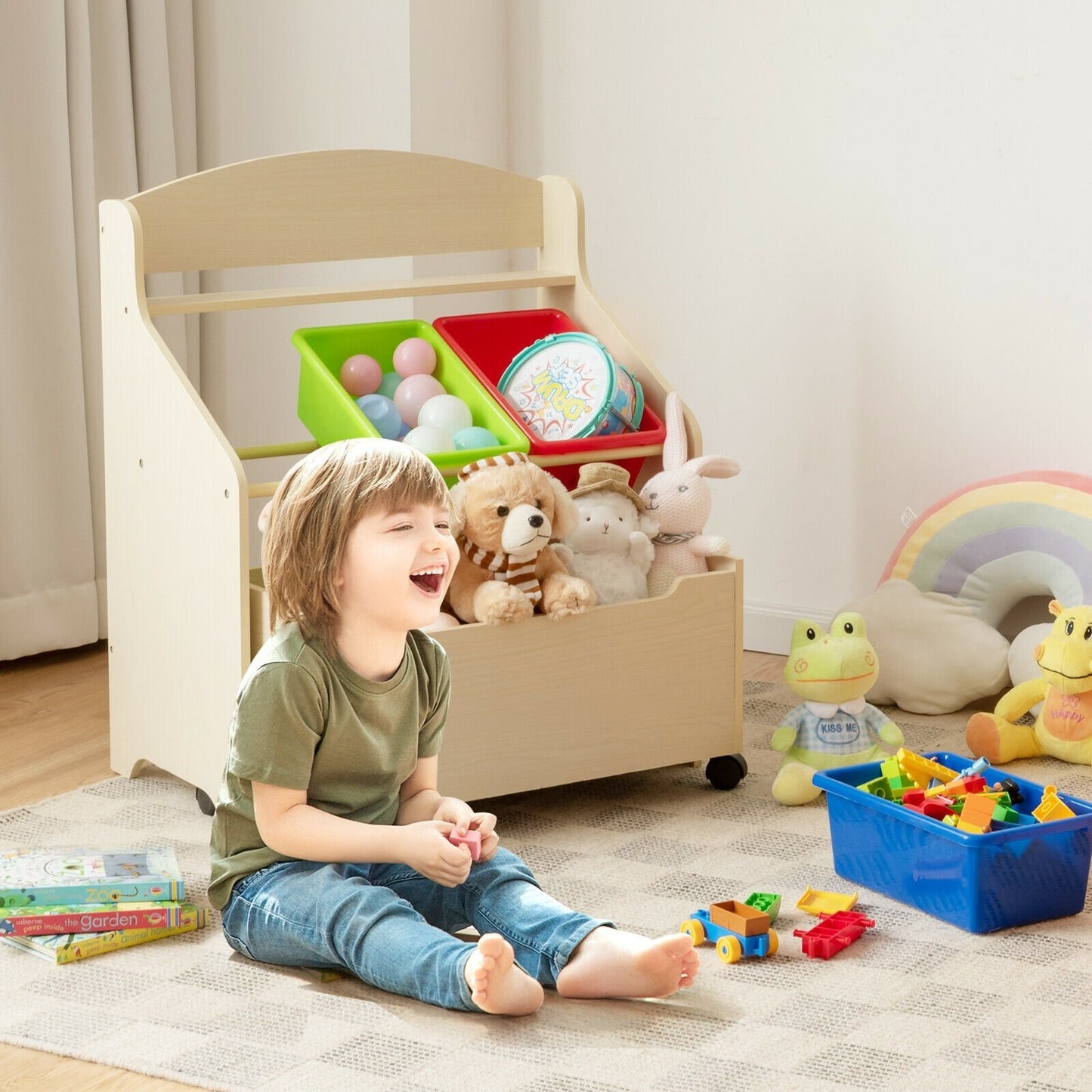 Kids Wooden Toy Storage Unit Organizer with Rolling Toy Box and Plastic Bins-Espresso
