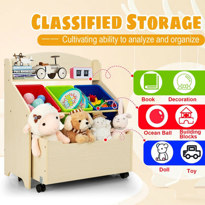 Kids Wooden Toy Storage Unit Organizer with Rolling Toy Box and Plastic Bins-Espresso