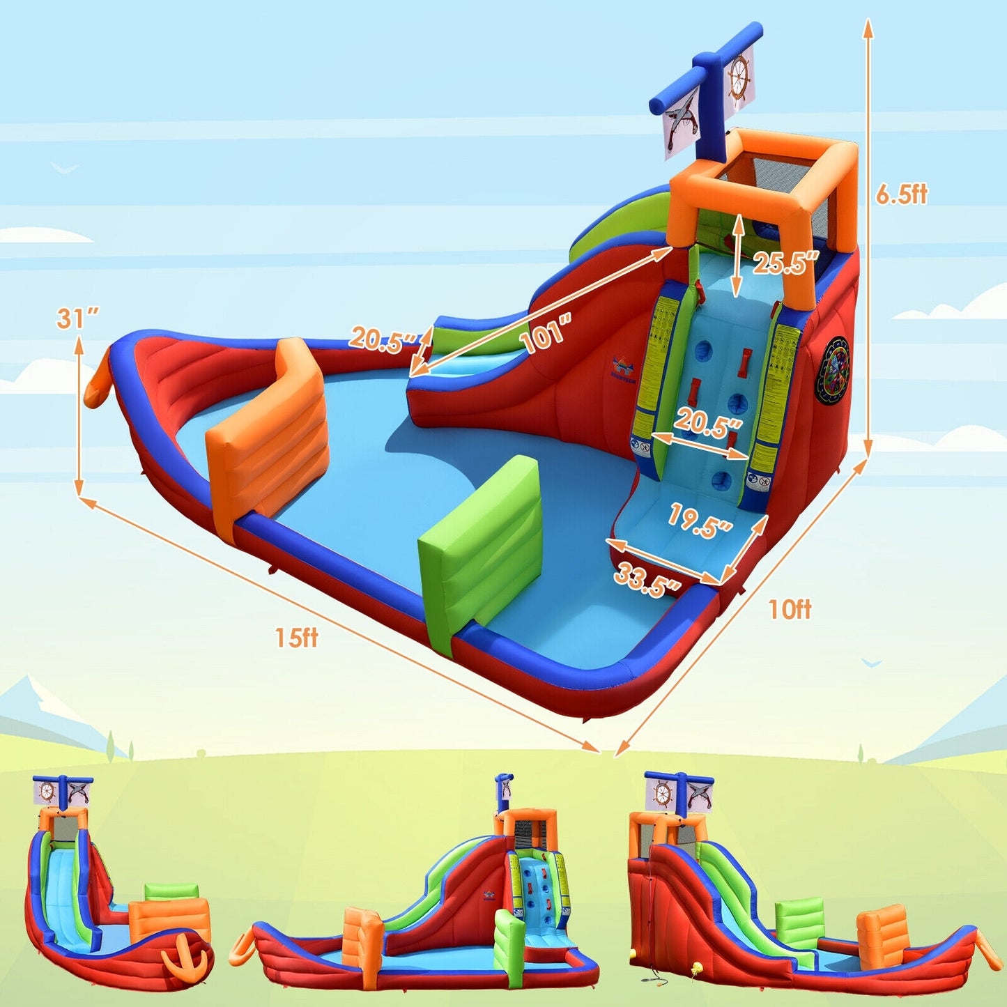 6-in-1 Pirate Ship Waterslide Kid Inflatable Castle with Water Guns and 735W Blower