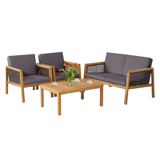 4 Pieces Patio Rattan Furniture Set with Removable Cushions-Gray