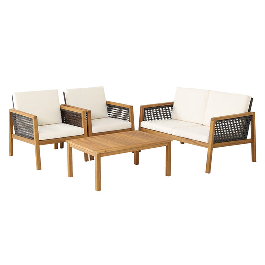 4 Pieces Patio Rattan Furniture Set with Removable Cushions-White